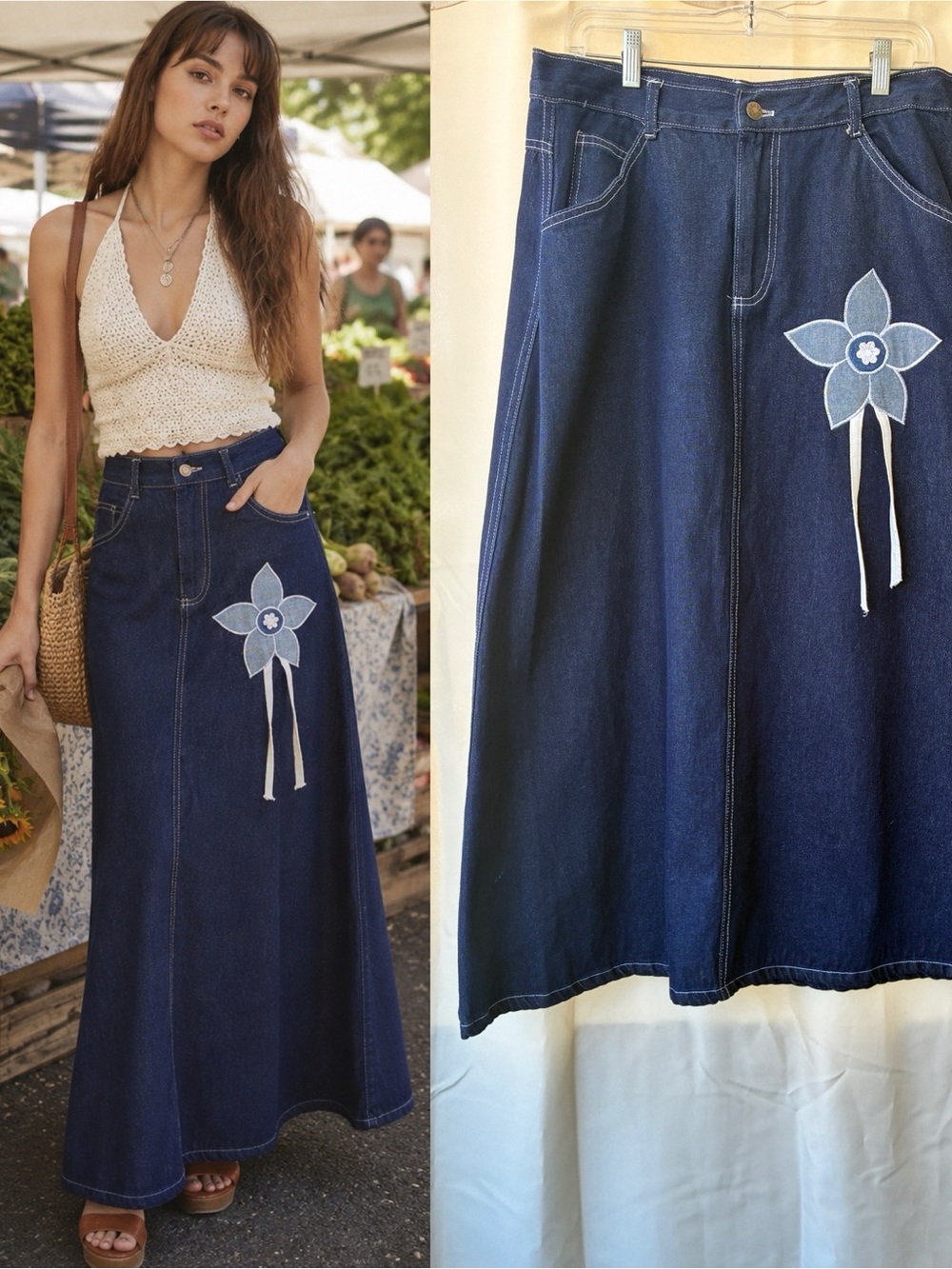 Vintage 70s/80s A-Line Floral Applique Indigo Denim Large Maxi Skirt